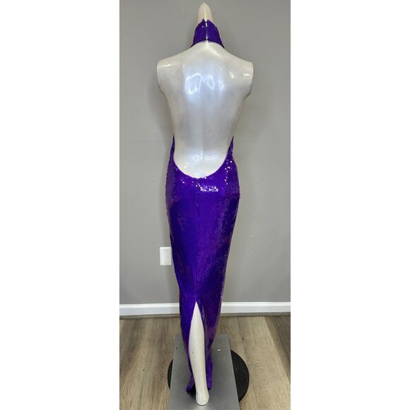 NWT LaQuan Smith Halter Open Back Sequin Bodycon Maxi Gown Grape Large $2550 - Picture 10 of 12